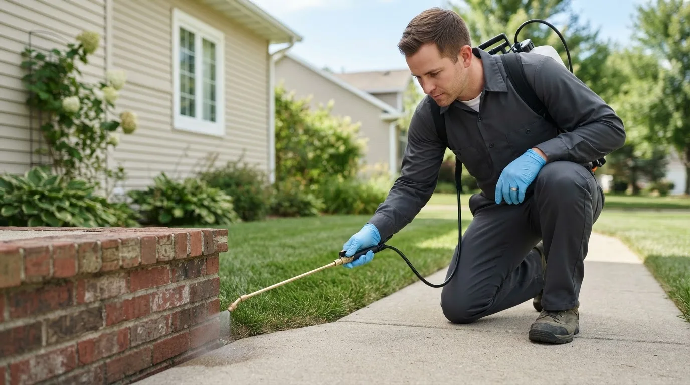 Pest control technician treating a home near Yantis, TX